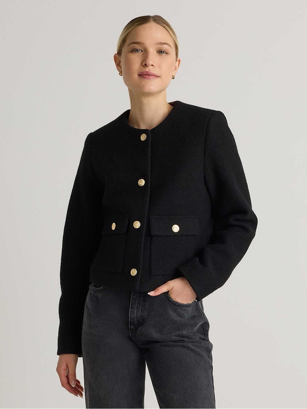 Quince 100% Merino Wool Collarless Cropped Jacket in Black Size Small